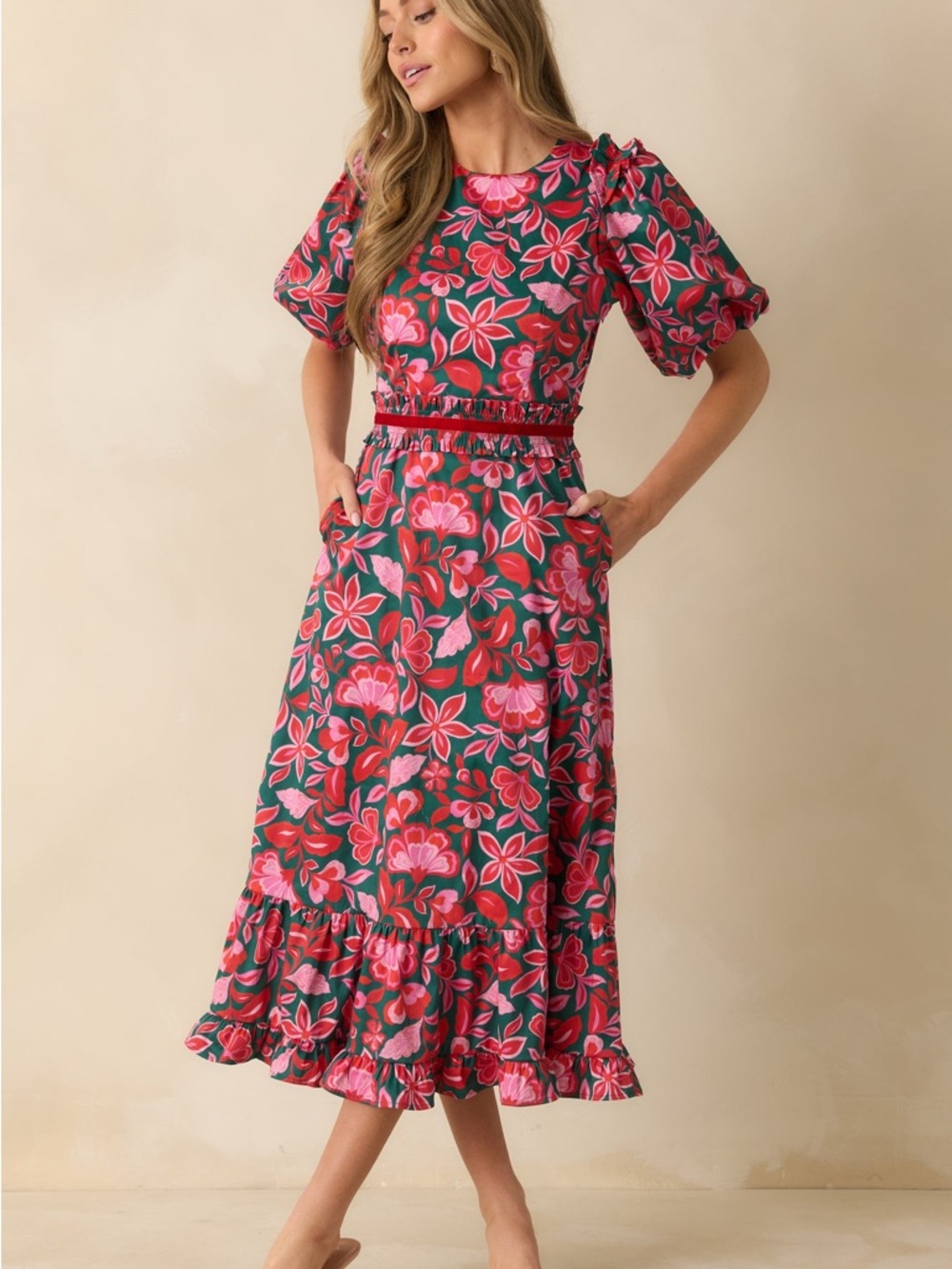 $228 Prosperina Gold Label Boutique Floral Midi Maxi Dress in Pink & Green XS